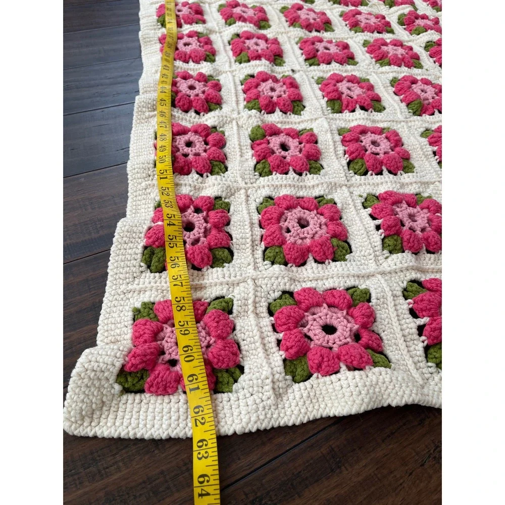 Handmade Crochet Floral Granny Square Blanket Pink Cream 63X51 Excellent Boho